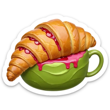 A giant croissant with a closed matcha mug with a strawberry syrup base sticker