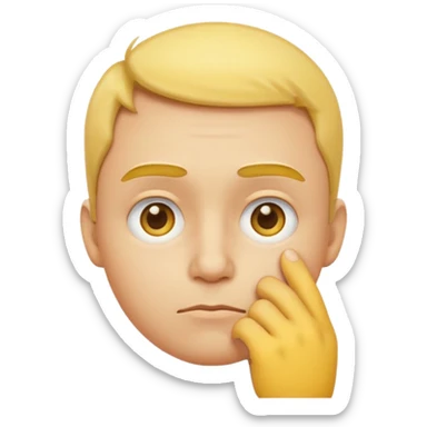a detailed 3D render of a thoughtful face emoji, yellow round face with raised eyebrows, one hand touching chin, expressive eyes, digital art style, clean background sticker
