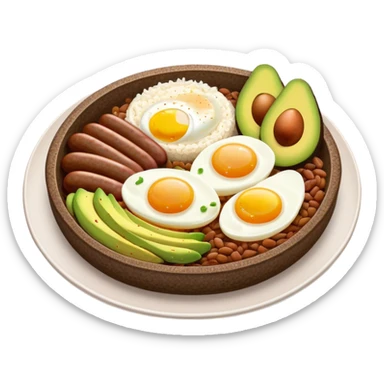 Bandeja Paisa Cinematic Realistic Bandeja Paisa Dish Emoji, depicted as a hearty platter featuring rice, beans, avocado slices, one sausage, a perfectly cooked egg, and crispy pork crackle, rendered with vivid textures and robust, inviting lighting. sticker