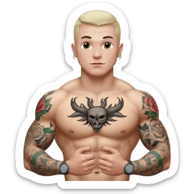 tattoo man, white skintone, more highlight the tattoo, body builder, tatto on chest, more tattoos. sticker