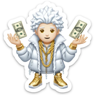 Snow elemental shaped more like a human—think tall, jointed limbs, maybe even facial expressions made of snow flaunting money wearing gold rope chain with jacket and Jordan sneakers sticker