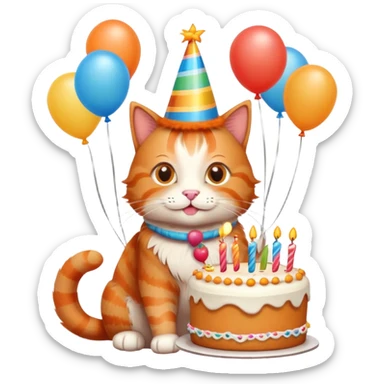 Ginger cat celebrates birthday, birthday hat, birthday cake, balloons, happy sticker