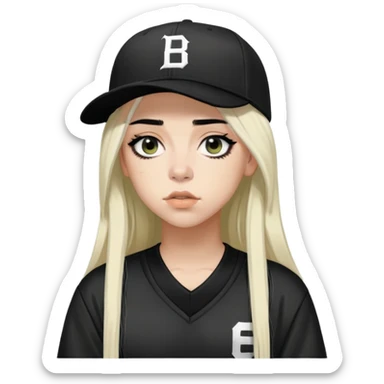 billie eilish long black hair dark eyeliner makeup, wearing caps and jersey sticker