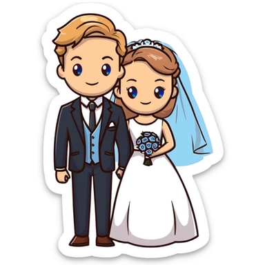 portrait of a bride with light brown hair and grey-blue eyes, and a groom with blonde hair, blue eyes, wearing a brown suit sticker