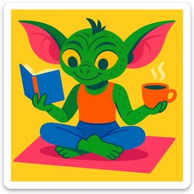 Add a bright yoga mat under the gremlin, preserving the colorful illustration style with vivid and lively colors. sticker
