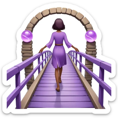 A figure walks back broken bridge, holding soft 2 violet orbs in hand—symbolizing compassion and forgiveness. A gentle heart aura trails behind them, showing healing in motion. sticker