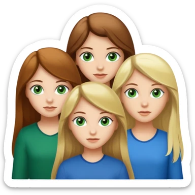 tree girls , first have green eyes and long brown hair, secind have blonde hair and green eyes and the third have brown hair and blue eyes sticker