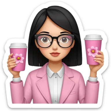 Chica de pelo negro ojos negros y piel morena con lentes oversize square con ropa bonita m pantallas pequenas de cristal , en la mano derecha una taza de cafe en color rosa con una flor negra de diseno. Sentada mirando la television. sticker