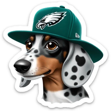 Miniature Blue Merle  Light Tri Brown and Black Spotted Dachshund wearing Philadelphia Eagles Hat with C on it sticker