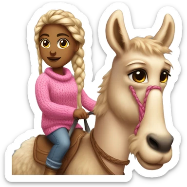 Girl riding lama with pink sweater and Ugg boots. Braided hair holding pizza sticker