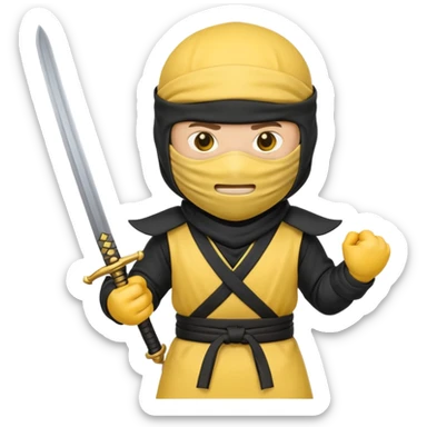 Make a customized yellow head emoji with hands and holding a sword in a ninja face mask sticker