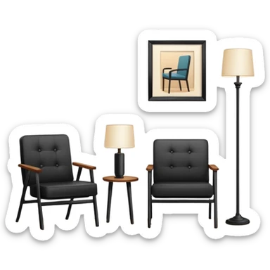 Minimalistic flat vector icon, iOS style, thin black contour on white background. Floor lamp and chair next to a framed picture on wall. Clean, no text, no shadows sticker