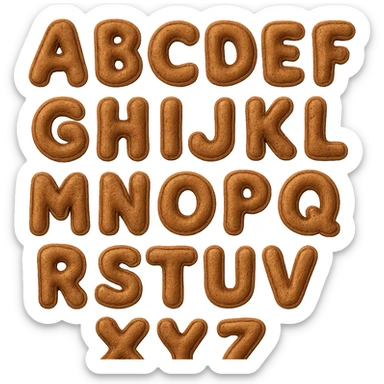 brown plush English alphabet, letters with embroidered details, soft texture sticker