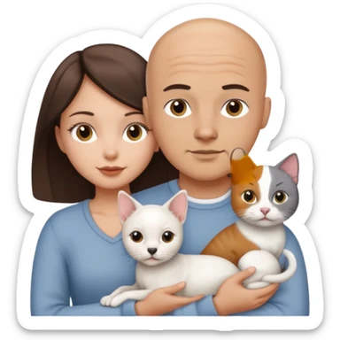 Bald guy with brunette girl and white puppy and Grey cat sticker