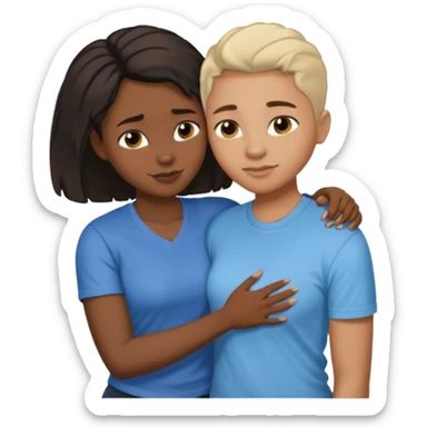 Black lesbian couple with one dark skin masculine with short hair low cut fade with a t shirt and one feminine with long hair in a blouse hugging  sticker