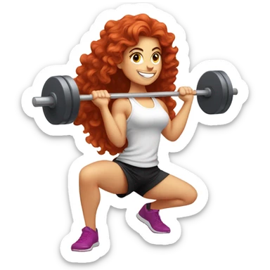 Sporty white Girl coach with long curly red hair doing squat with heavy weights sticker