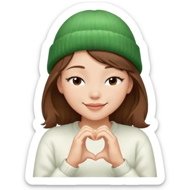 peaceful brown hair girl closed eyes stylish in a green beanie hat in white sweater smiling making heart from her hands  sticker