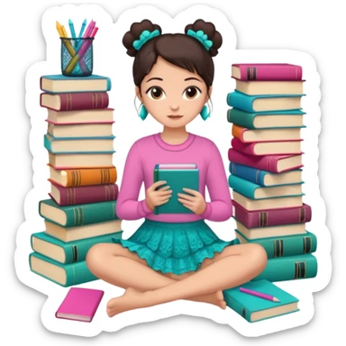 A brunette woman with straight, dark brown hair styled in two buns wears a pink long-sleeved shirt and a turquoise lace ruffled skirt. She is barefoot and holds a crayon in one hand. She sits cross-legged on the floor, which is covered with stacks of colorful notebooks. Art Deco style illustration. sticker