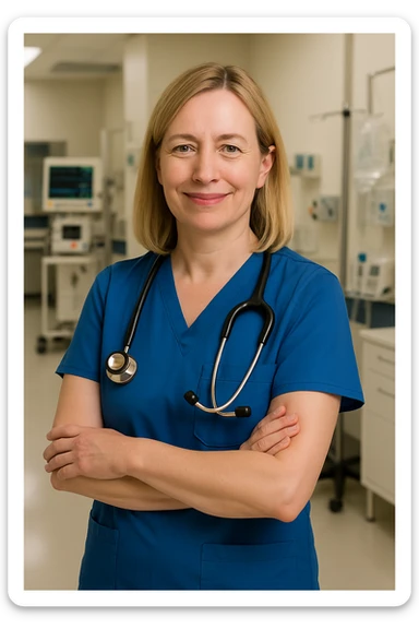 Make Rebecca's hair thinner, blonder, and shoulder length. She should appear slightly older and be smiling, keep her as a doctor in a professional setting, realistic style. sticker