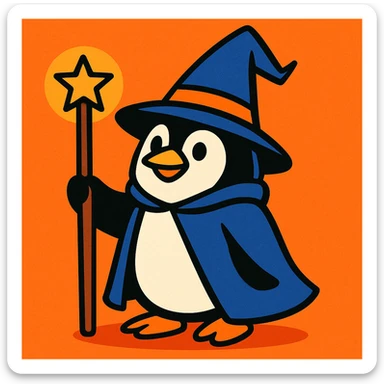 A penguin dressed as a wizard, wearing a pointed hat and holding a magic staff, vibrant toon style sticker
