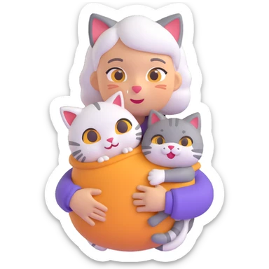 Show only one cat in the grandmother's arms, 3d emoji style, with no background (transparent) sticker