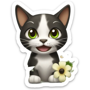 A cat with brown and black glue, green eyes playing with flowers sticker