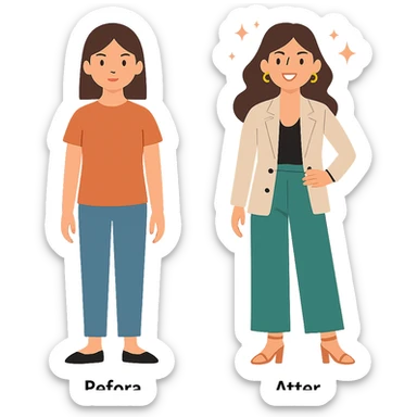 flat toon style girl before and after glow up, fashionable outfit, glowing sticker