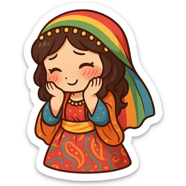 Cartoon sticker of a Kurdish woman in traditional Kurdish female clothing, colorful and cheerful style. Face showing shy and embarrassed expression with red cheeks, looking down or to the side. Both hands on cheeks. No shadows or color halos around the image, no text, suitable for WhatsApp and Instagram, with a fully transparent background. sticker