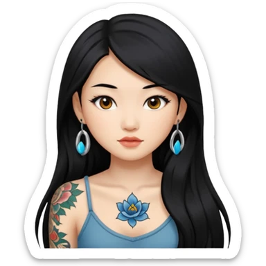 long black hair beautiful Asian girl with tattoos  sticker