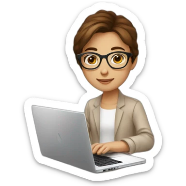 young causcasian designer, brown hair, tortoise square eyeglasses,  working on laptop sticker