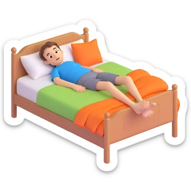 a boy lying in bed with his feet visible at the end, relaxed and comfortable sticker