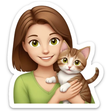 Woman with brown hair, chartreuse eyes, cute happy smile holding a white and brown tabby kitten sticker