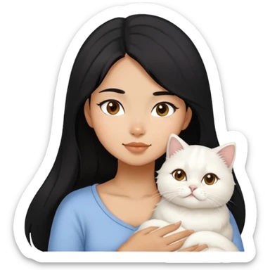 Black hair filipina girl snuggling with one white Persian cat sticker