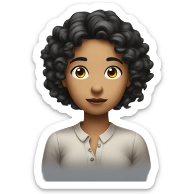 The girl is rolling her eyes and holding two fingers laying on her left side of the head with black curly long hair sticker
