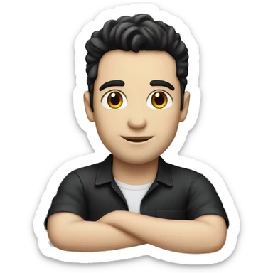 A man with pale skin and black hair, sitting on top of a black Ford car sticker