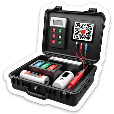 An open, black outdoor test case.Interior: control panel with colored test jacks, USB ports, and a power outlet. A red test probe is located next to it. On the left side of the case is a large roll of white, round test labels displaying QR codes.  sticker