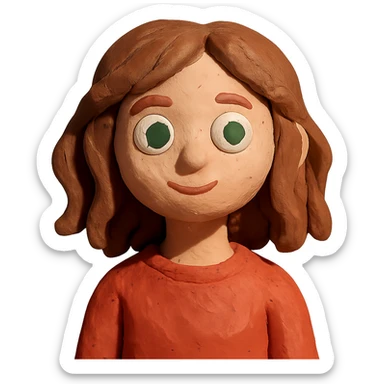 claymation style girl with green eyes and slightly wavy brown hair sticker