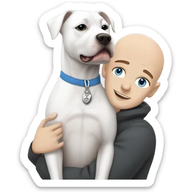 white bald man with blue eyes hugging dark grey no white staffordshire terrier  sticker
