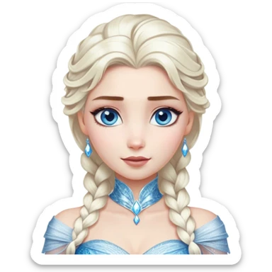 Cinematic Realistic Elsa Portrait, depicted with lifelike skin texture, soft natural lighting, and intricately detailed platinum blonde hair styled elegantly. Her striking, expressive blue eyes exude confidence and grace, complemented by a serene and regal expression. She is dressed in her signature icy attire, with shimmering fabric textures and delicate folds that catch the light beautifully. The portrait features a soft, enchanting glow with a cool, radiant finish, capturing the essence of timeless elegance in a realistic and painterly style, evoking a sense of depth and authenticity. sticker