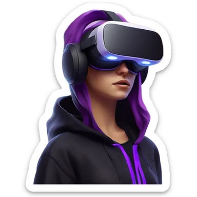 Russian girl wearing black hoody with violet letters "OMG", in vr headset oculus quest2. Standing like jedi. Cyberpunk style. Violet neon. sticker
