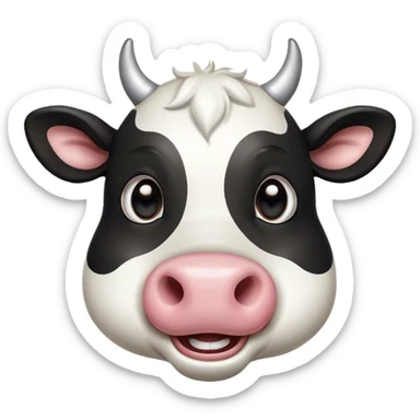 Cinematic Comical Black and White Cow Portrait Emoji, Head tilted dramatically with an exaggeratedly amused expression, featuring a striking, glossy coat of bold black and white, wide, expressive brown eyes filled with playful disbelief, Simplified yet hilariously expressive features, highly detailed, glowing with a slightly sassy glow, high shine, dramatic yet playful, stylized with an air of cheeky mischief, bright and endearing, soft glowing outline, capturing the essence of a spirited and over-the-top cow, so meme-worthy it feels like it could moo its way into internet fame instantly! sticker