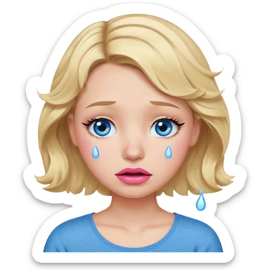 Girl Blonde short wavy hair,  blue eyes, cute blue top, long lashes, pink lips,crying with tears running down the face  sticker