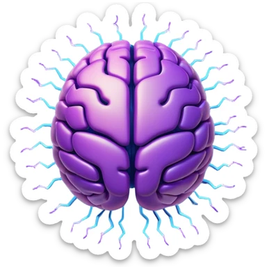 AI-themed emoji: a glowing digital brain with blue and purple neural lines, surrounded by electric sparks representing artificial intelligence. Detailed style, minimalistic background. sticker