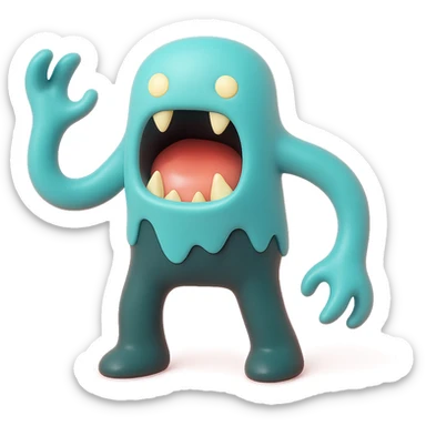 terrifying monster with elongated limbs, gaping mouth with sharp fangs, glowing eyes, shadowy body, toy-like vinyl figure sticker