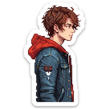 Pixel art character, young man with dark jacket, red hoodie, brown messy hair, jeans, scar on left eyebrow, confident face, retro arcade sprite style, side view sticker