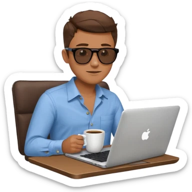 stylish man in sunglasses sitting with a laptop and coffee sticker