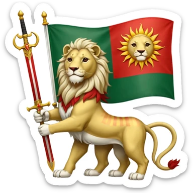 Make flag with three color, upper color should be green and middle be white and in down should be red, and add a lion with a sword on his hand and a sun in his back in the middle of flag in white color. sticker