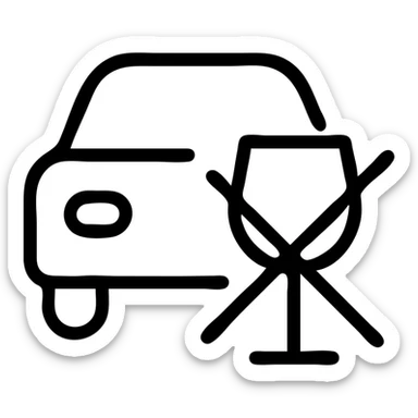 outlined icon of a car with a crossed-out wine glass, symbolizing no drunk driving sticker