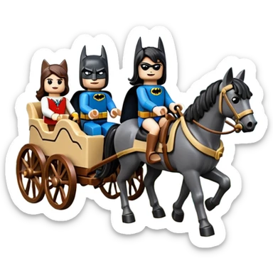 Rustic wood Lego detailed 1854 Batman driving and pretty dark-haired Catgirl riding a horse drawn family-size Caravan alone together on a romantic trail in the woods  sticker