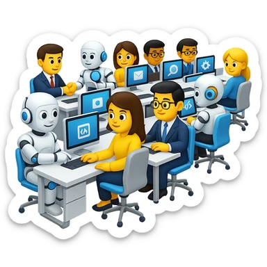 Add more robots collaborating with humans in a modern office environment. The style is emoji style, so keep the look consistent with emoji aesthetics and no background. sticker